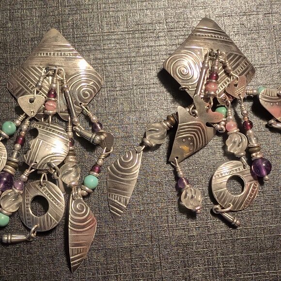 VTG Signed Tabra Earrings Silver Tone Dangle Multi-Layered Multiple Beads Colors - Picture 1 of 8